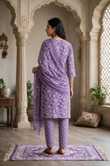 Purple Floral Cotton 3-Piece Kurti Set with Embroidered Neck, Elastic Pant & Matching Dupatta