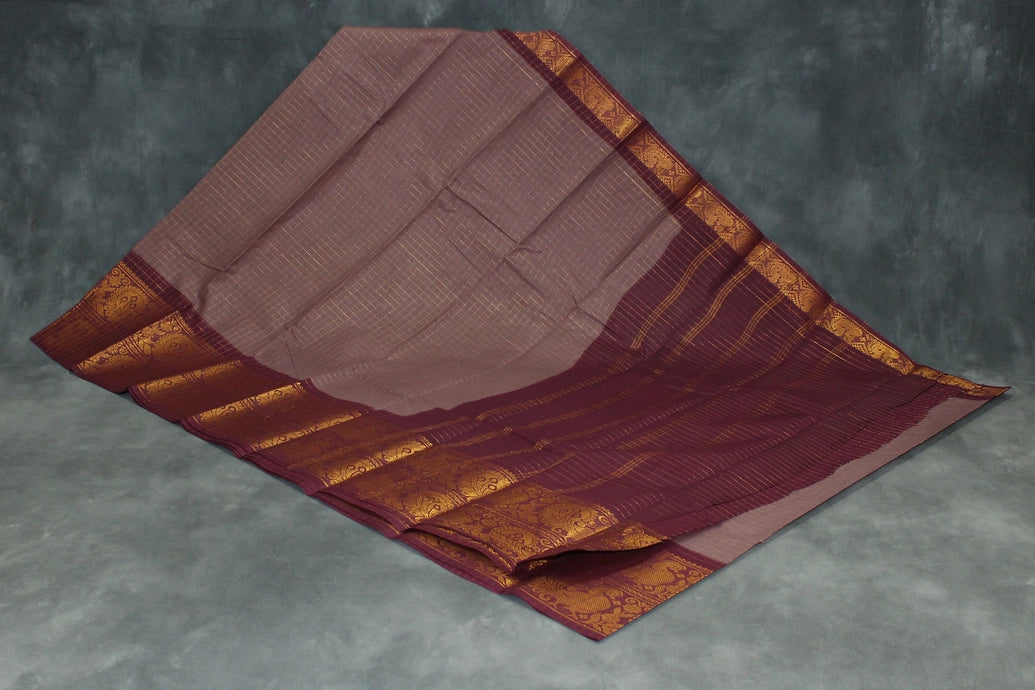 Chocolate Brown Sungudi Cotton Saree with Checked Body and Rich Peacock Gold Zari Double Border - Traditional Festive Wear