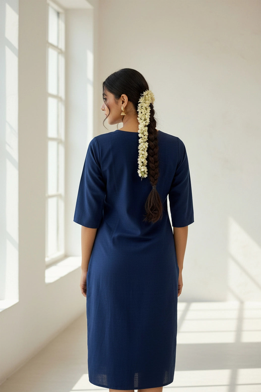 Women’s Dark Navy Blue Cotton Kurti with Vertical Diamond Detail and Round Neck