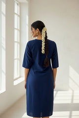 Women’s Dark Navy Blue Cotton Kurti with Vertical Diamond Detail and Round Neck