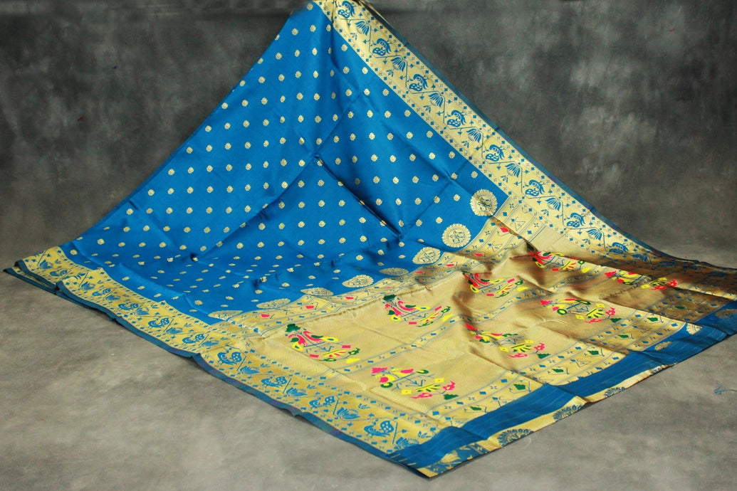 Peacock Blue Paithani Pure Silk Saree with Zari Woven Peacock Pallu and Design Border