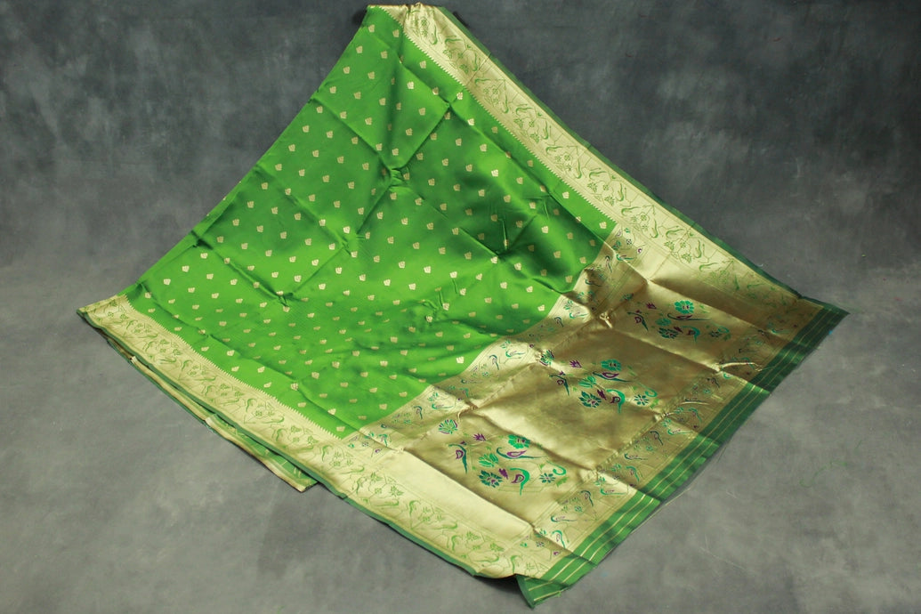 Mehendi Green Paithani Pure Silk Peacock Design Pallu Saree with Zari Woven Border