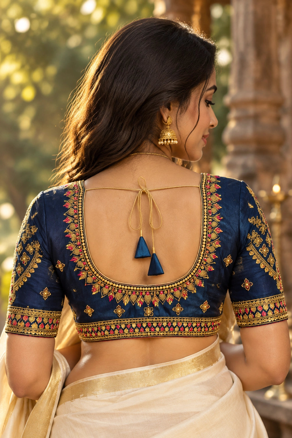 Navy Blue Designer Padded Saree Blouse with Zari Floral Butta Work, U-Shape Neck, Elbow Sleeves and Back Knot