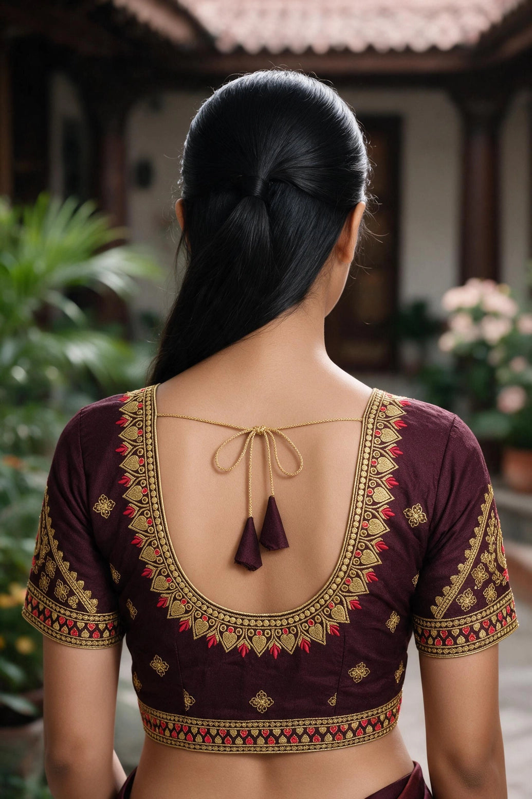 Brown Readymade Designer Padded Blouse with Zari Floral Paisley Motifs, U-Neck, Elbow Sleeves and Back Knot