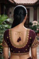 Brown Readymade Designer Padded Blouse with Zari Floral Paisley Motifs, U-Neck, Elbow Sleeves and Back Knot
