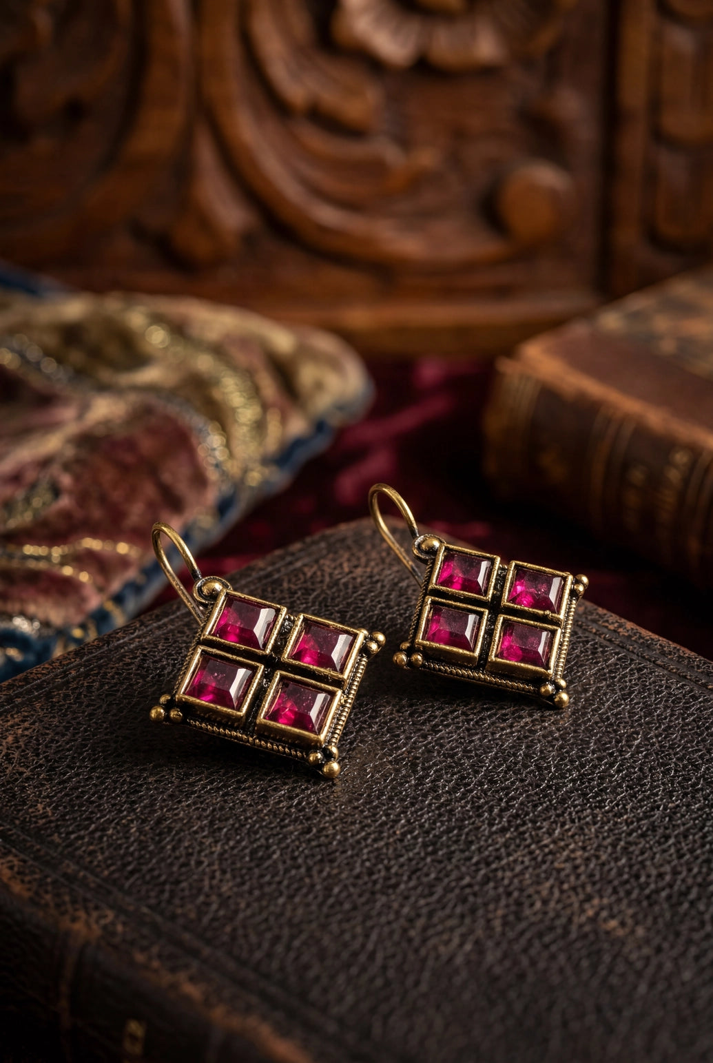 Maroon Stone Gold-Tone Hook Earrings, Square Pattern Drop, 1.5 Inch Fashion Jewellery for Women