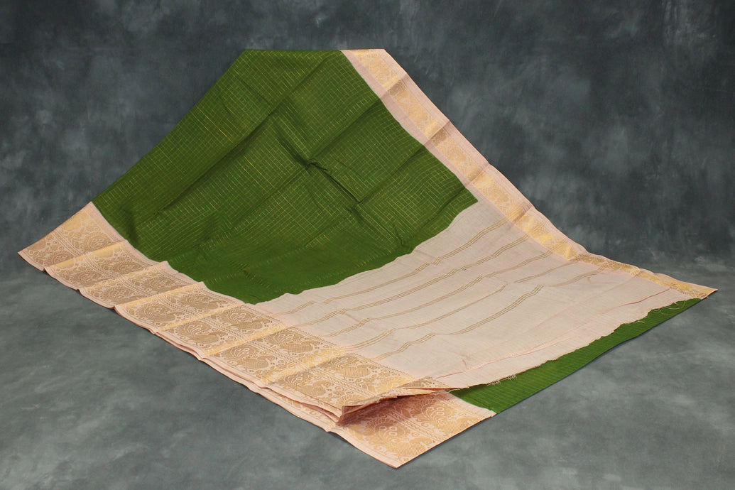 Mehendi Green Sungudi Cotton Saree with Checked Body and Peacock Gold Zari Double Border Saree JCS Fashions