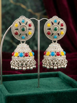 Silver Oxidized Multi-Color Jhumka Earrings with Round Stud Top and Beaded Danglers