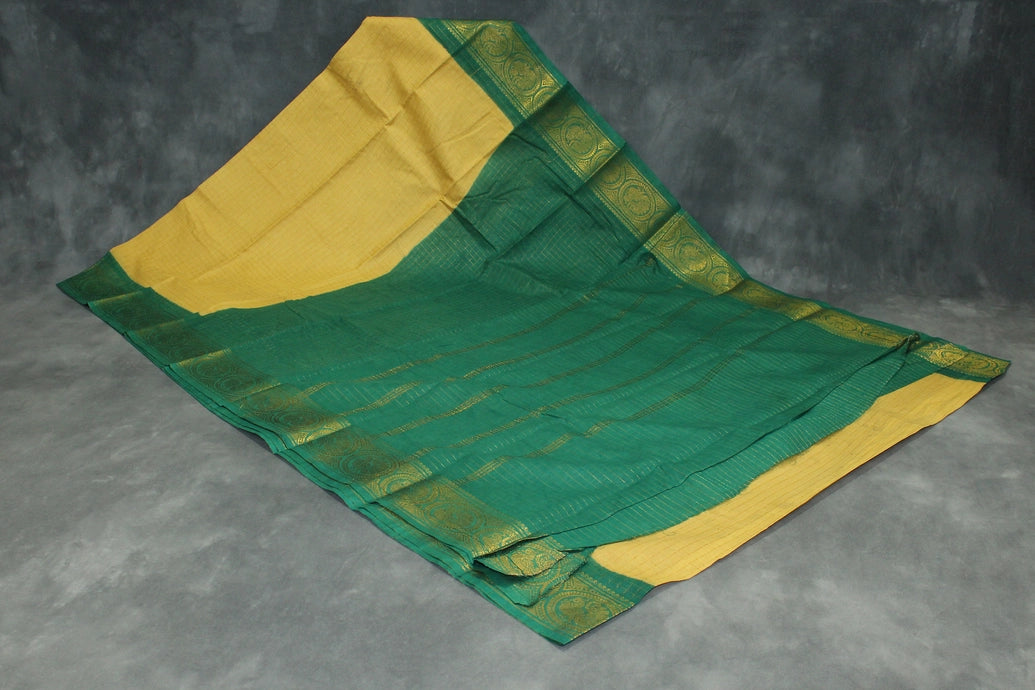 Mustard Sungudi Cotton Saree with Green Peacock Zari Double Border - Checked Weave Saree JCS Fashions