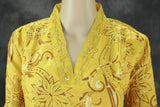 Yellow Cotton 3-Piece Kurti Set with Elastic Pant and Chiffon Dupatta, V-Neck Aari & Mirror Work