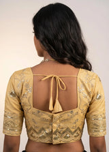 Gold-Tone Padded Designer Blouse with Sequins & Embroidery, Elbow Sleeve, Back Knot, Readymade