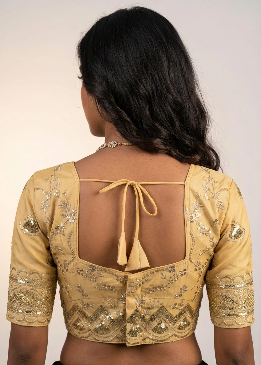 Gold-Tone Padded Designer Blouse with Sequins & Embroidery, Elbow Sleeve, Back Knot, Readymade