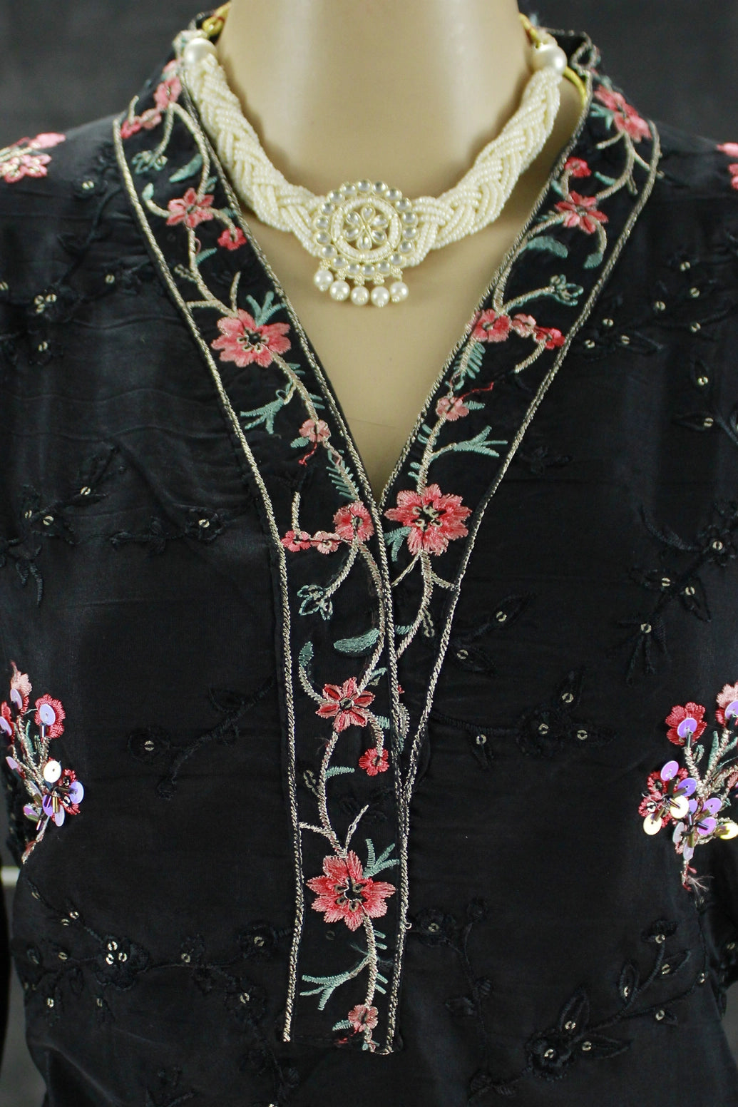 Black Organza 3-Piece Salwar Suit Set with Khatli Work Kurti, Roman Silk Bottom & Border Dupatta