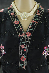 Black Organza 3-Piece Salwar Suit Set with Khatli Work Kurti, Roman Silk Bottom & Border Dupatta