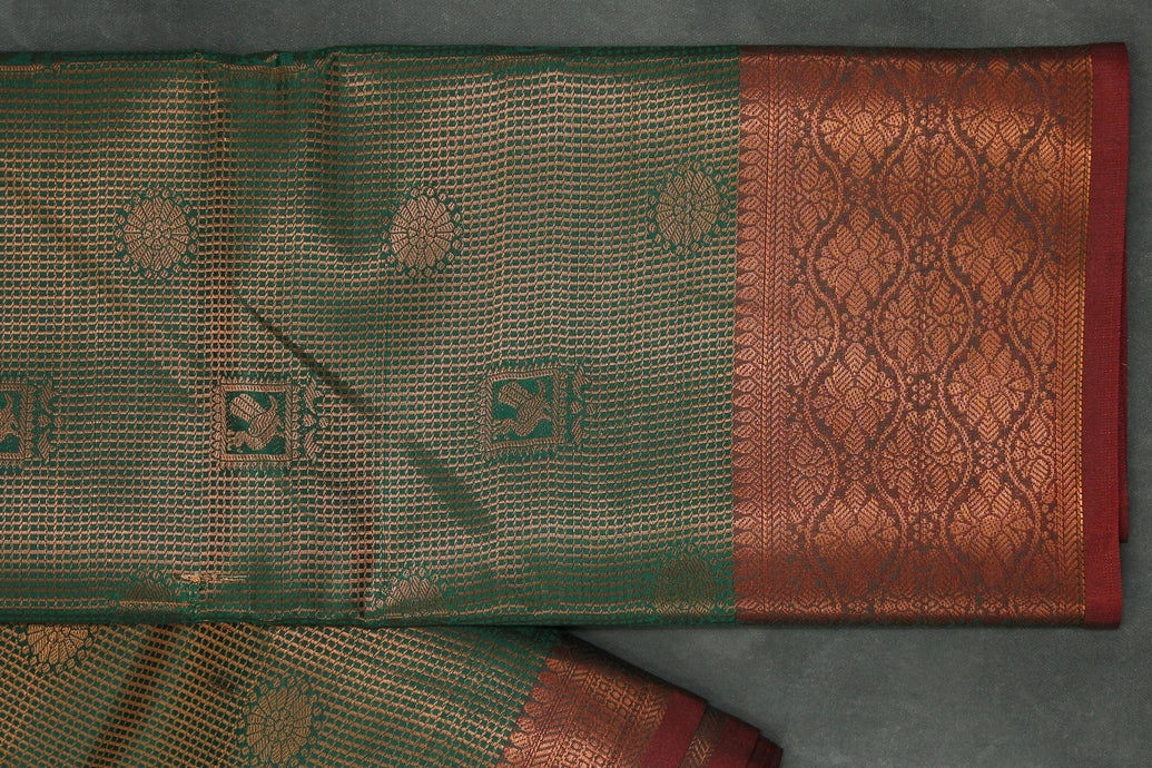 Green Kubera Pattu Bridal Saree with Full Zari Body and Maroon-Gold Border