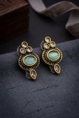 Mint Green Oval Stud Earrings With Antique Gold-Tone Bead Design for Traditional Ethnic Wear