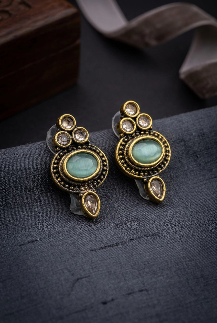 Mint Green Oval Stud Earrings With Antique Gold-Tone Bead Design for Traditional Ethnic Wear