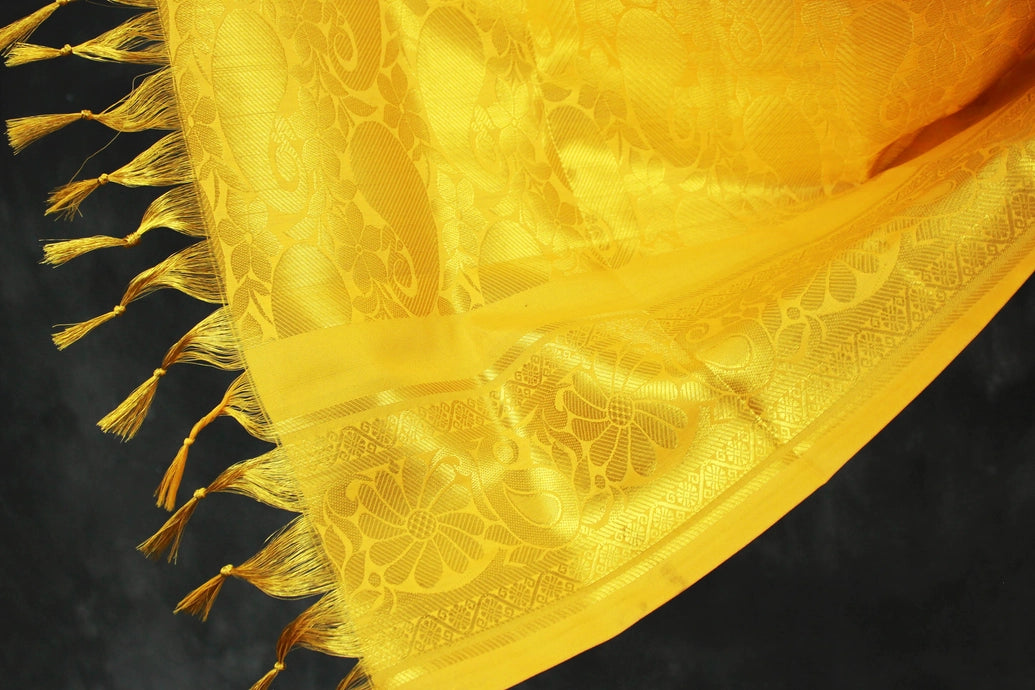 Yellow Zari Pattu Shawl with Fringe for Ponnadai, Arangetram and Traditional Events