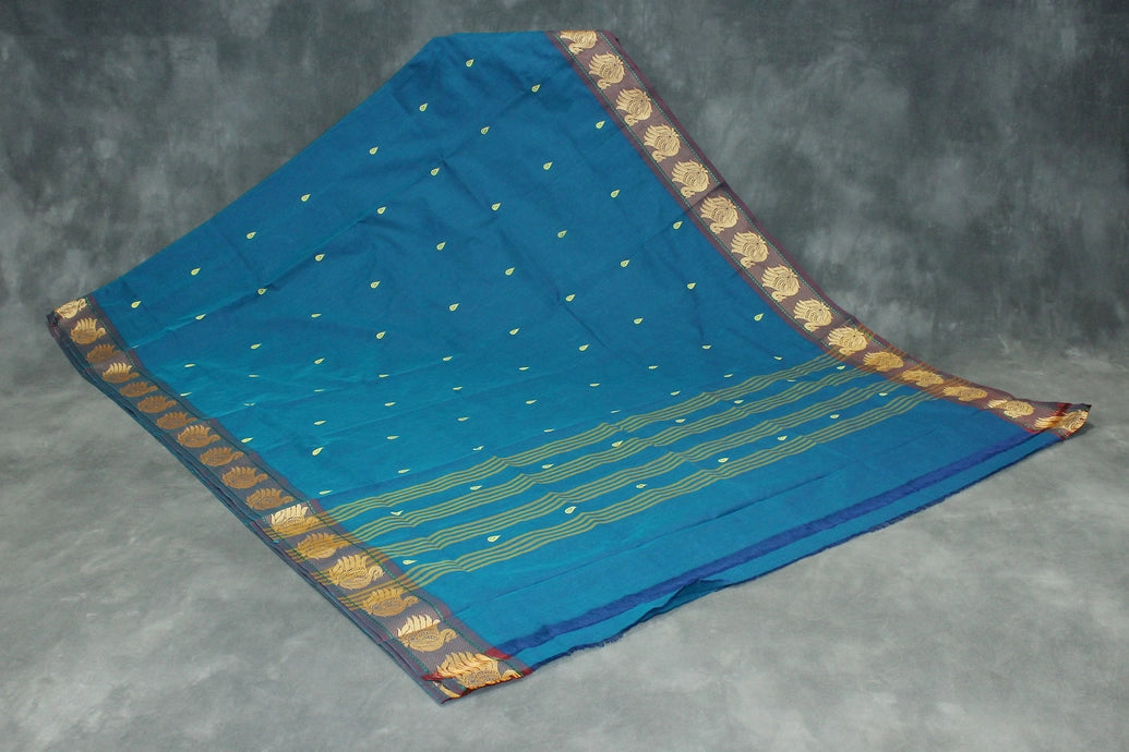 Rama Blue & Yellow Poly Cotton Butta Saree with Thread Border Saree JCS Fashions