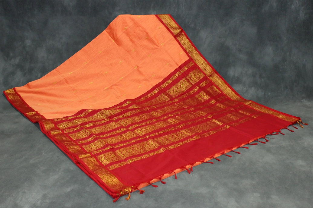 Silk cotton sarees with grand pallu and thick Zari border both sides. Full body small butties. With blouse