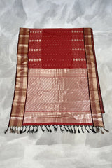 Maroon Pure Silk Saree with Heavy Pallu and Border and Contrast Gold Toned Weave