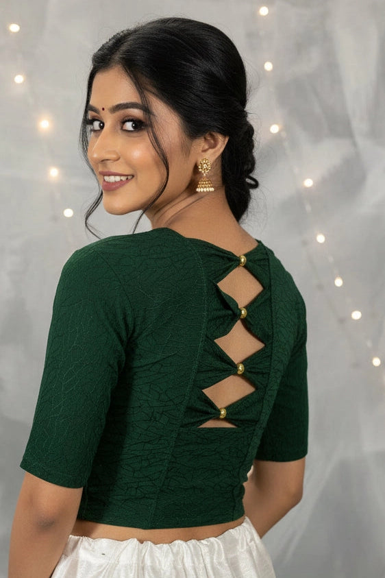 Green Readymade Designer Stretch Blouse with Gold-Tone Bead Work, Elbow Sleeve, Fully Stitched Back Design