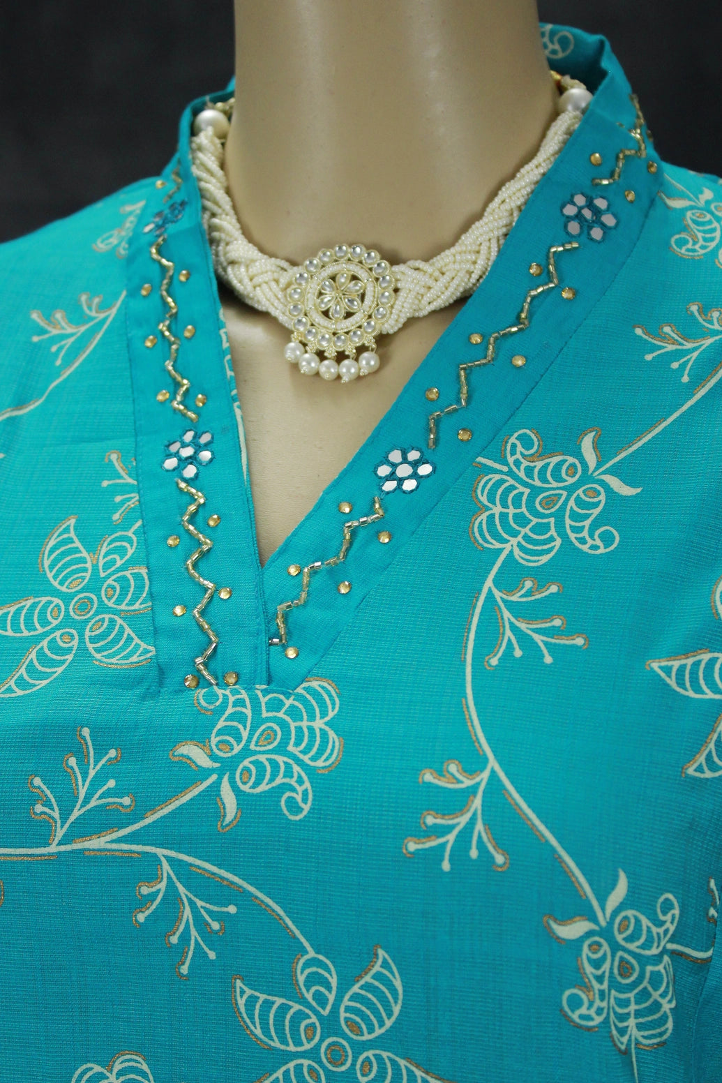 Aqua Blue Cotton 3-Piece Kurti Set with V Neck Aari Mirror Work, Elastic Pant and Chiffon Dupatta
