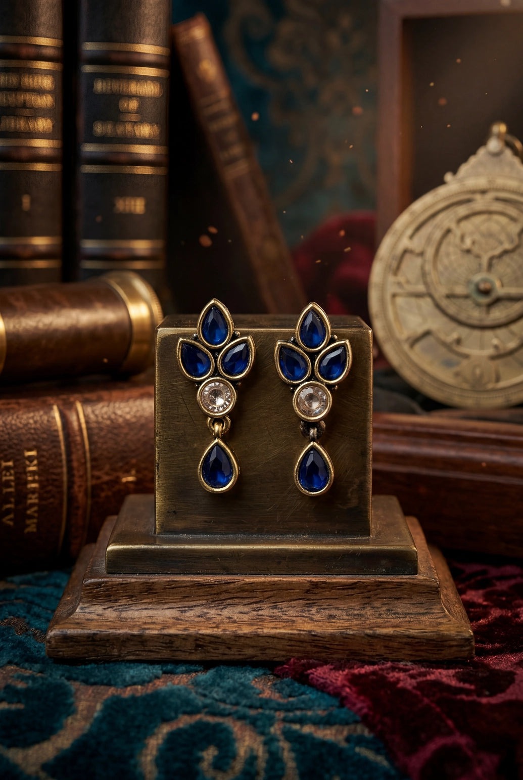 Dark Blue Floral Drop Gold-Tone Hook Earrings with Stone Detail for Women