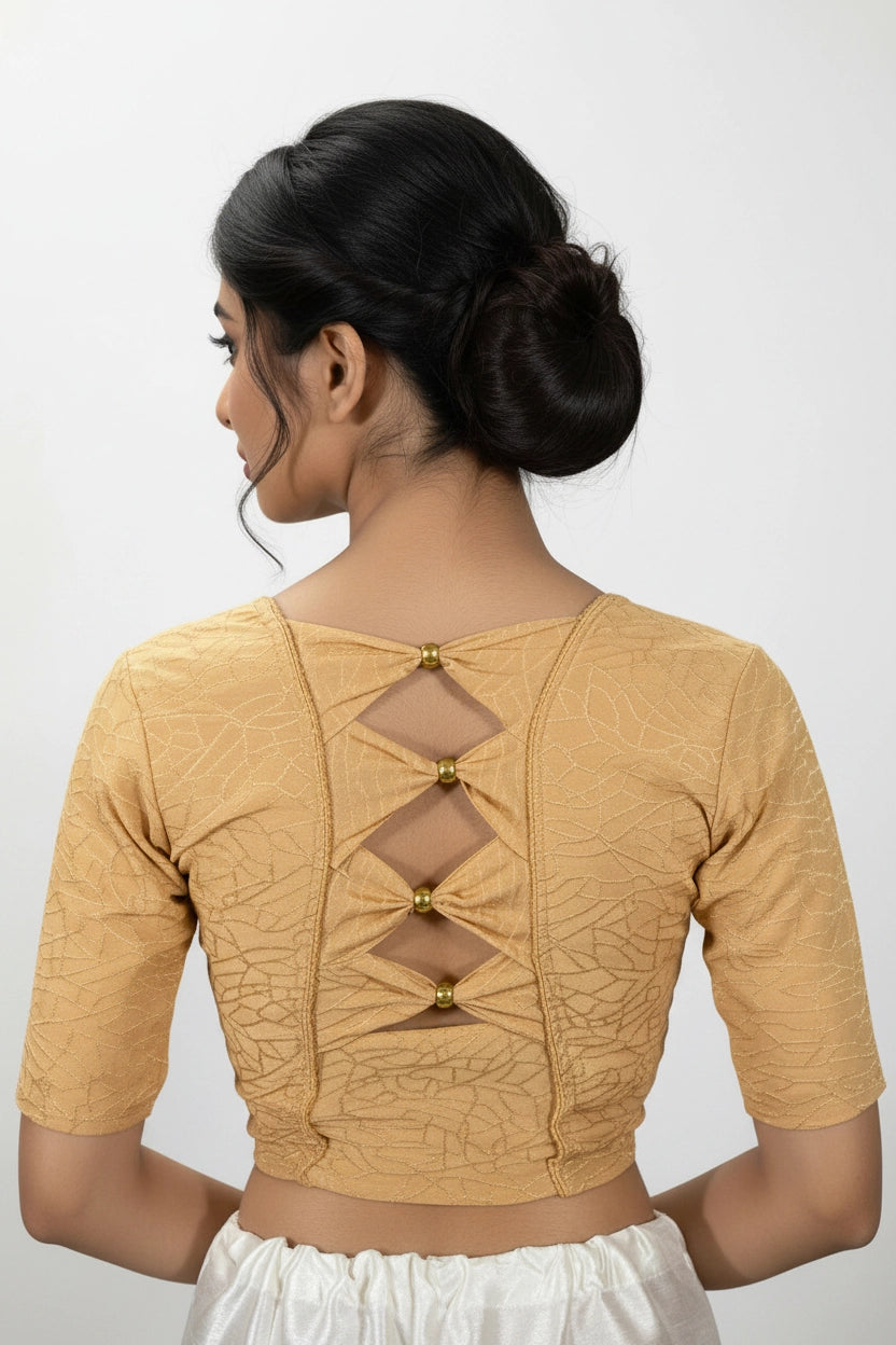 Sandal Gold-Tone Embellished Back Readymade Stretchable Blouse with Elbow Sleeve