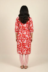 Pink Floral Cotton Kurti with Pant 2-Piece Set, Chevron Panel Detailing and Lace Trim