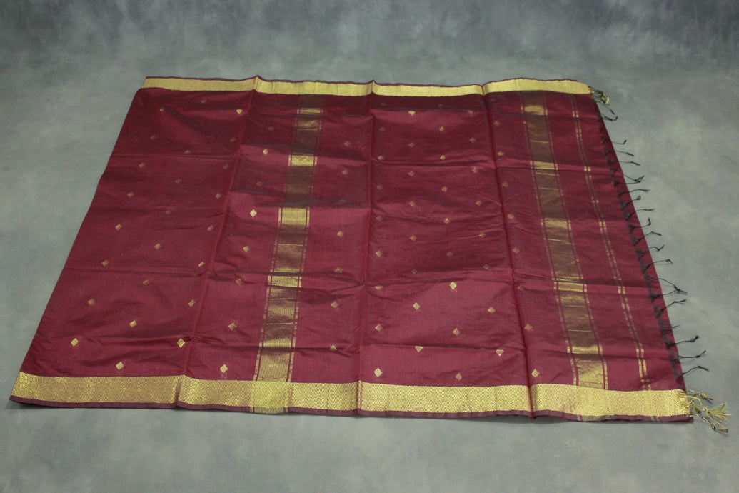 Maroon Silk Cotton Saree with Zari Border and Small Butti Pattern, Comes with Blouse