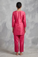 Pink Satin Kurti Set with Silver Geometric Embroidery and Elastic Waist Pant (2-Piece)