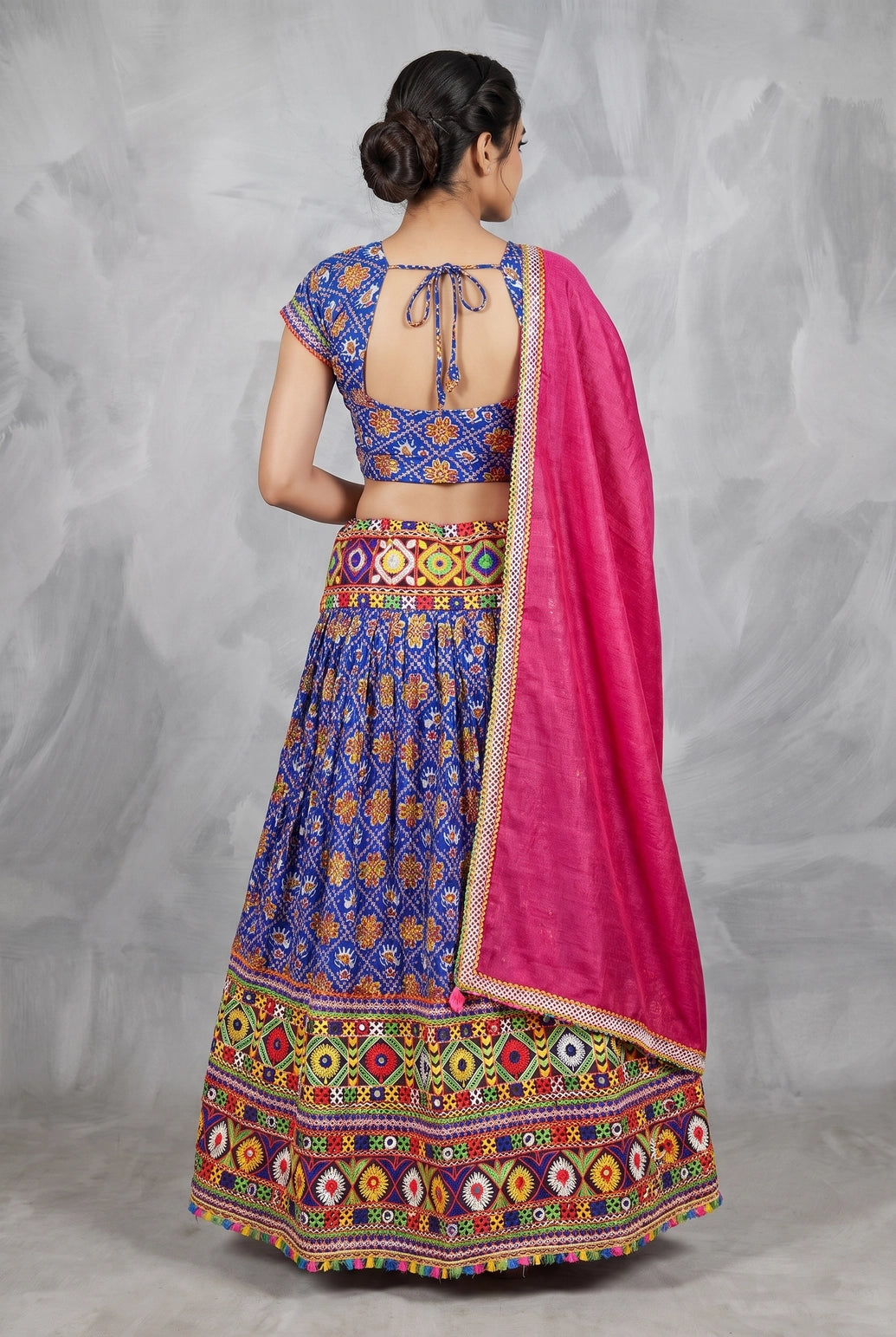 Designer Navratri Chaniya Choli with Camel Block Print, Royal Blue & Orange Lehenga Set for Festive Party Wear