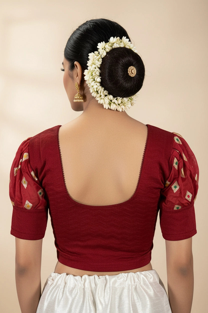 Maroon Readymade Designer Stretch Blouse with Puff Sleeves and Traditional Zari Motifs