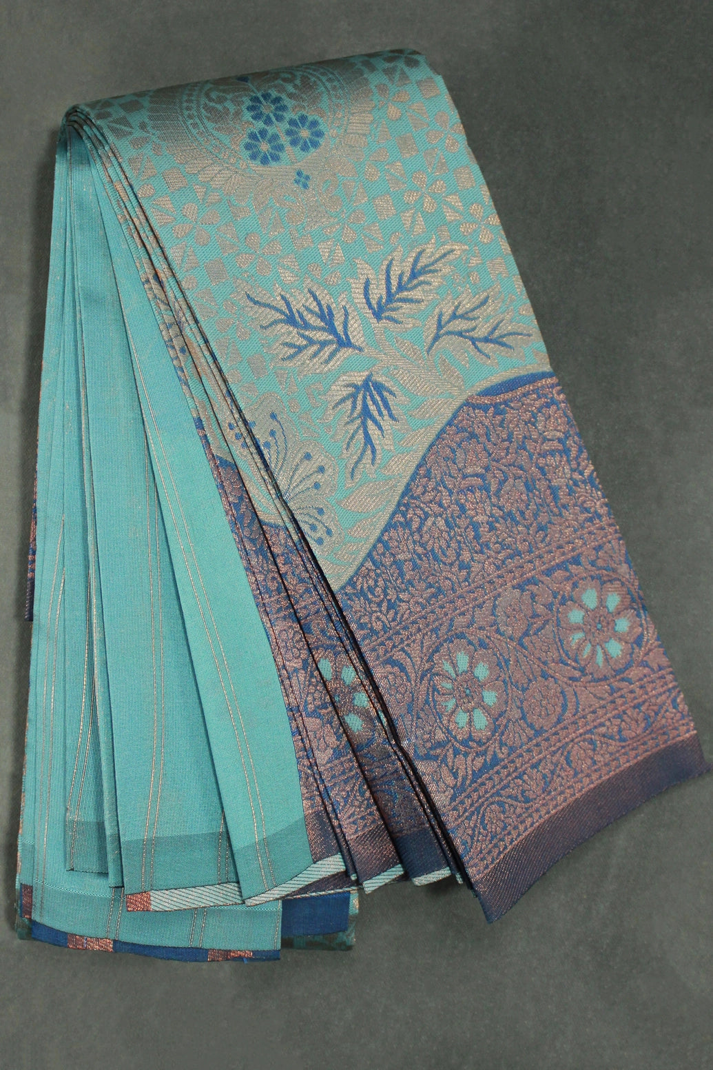 Kubera Pattu Saree Pastel Blue & Navy Blue Semi Silk with Design Border and Blouse