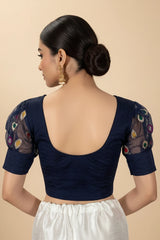 Navy Blue Designer Fully Stitched Puff Sleeve Blouse with Zari Style Motifs for Ethnic Wear