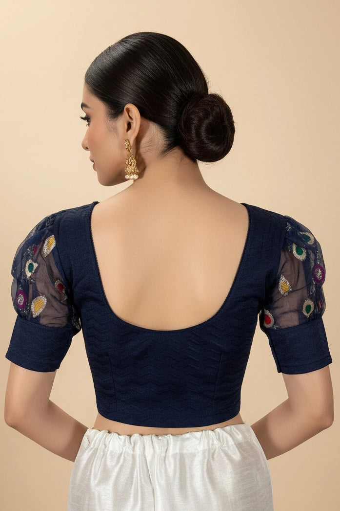 Navy Blue Designer Fully Stitched Puff Sleeve Blouse with Zari Style Motifs for Ethnic Wear