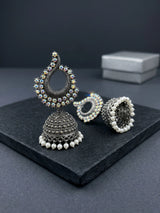 Oxidized Silver Jhumka Earrings with Teardrop Stud and White Stone Bead Dangler, Traditional Party Wear for Women