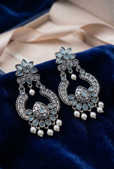 Sea Blue Oxidized Silver-Tone Floral Teardrop Stone Chandelier Earrings with Pearl Drops for Women