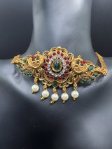 Gold-Tone Temple Choker Necklace Set with Red & Green Stones, Pearl Drops and Matching Jhumka Earrings Jewelry JCS Fashions