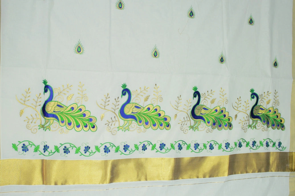 Half White Kerala Cotton Saree with Peacock Embroidery and Golden Zari Thread Border