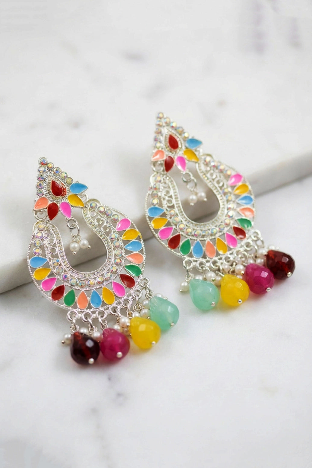 Multi Color Teardrop Stud Dangle Earrings with Beads & Stones, Sparkly Fashion Jewellery for Women