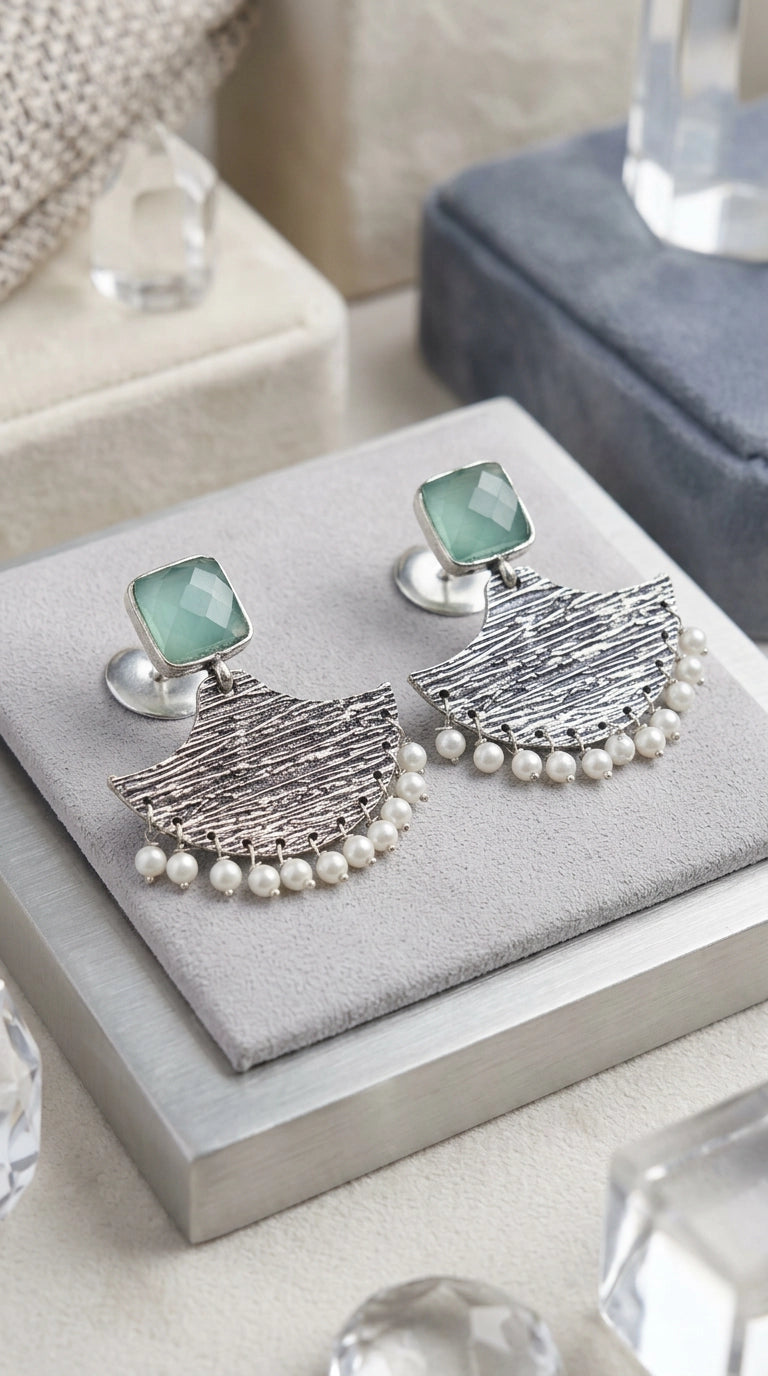 Mint Green Stone Silver-Tone Textured Triangle Drop Earrings with Pearl Bead Fringe