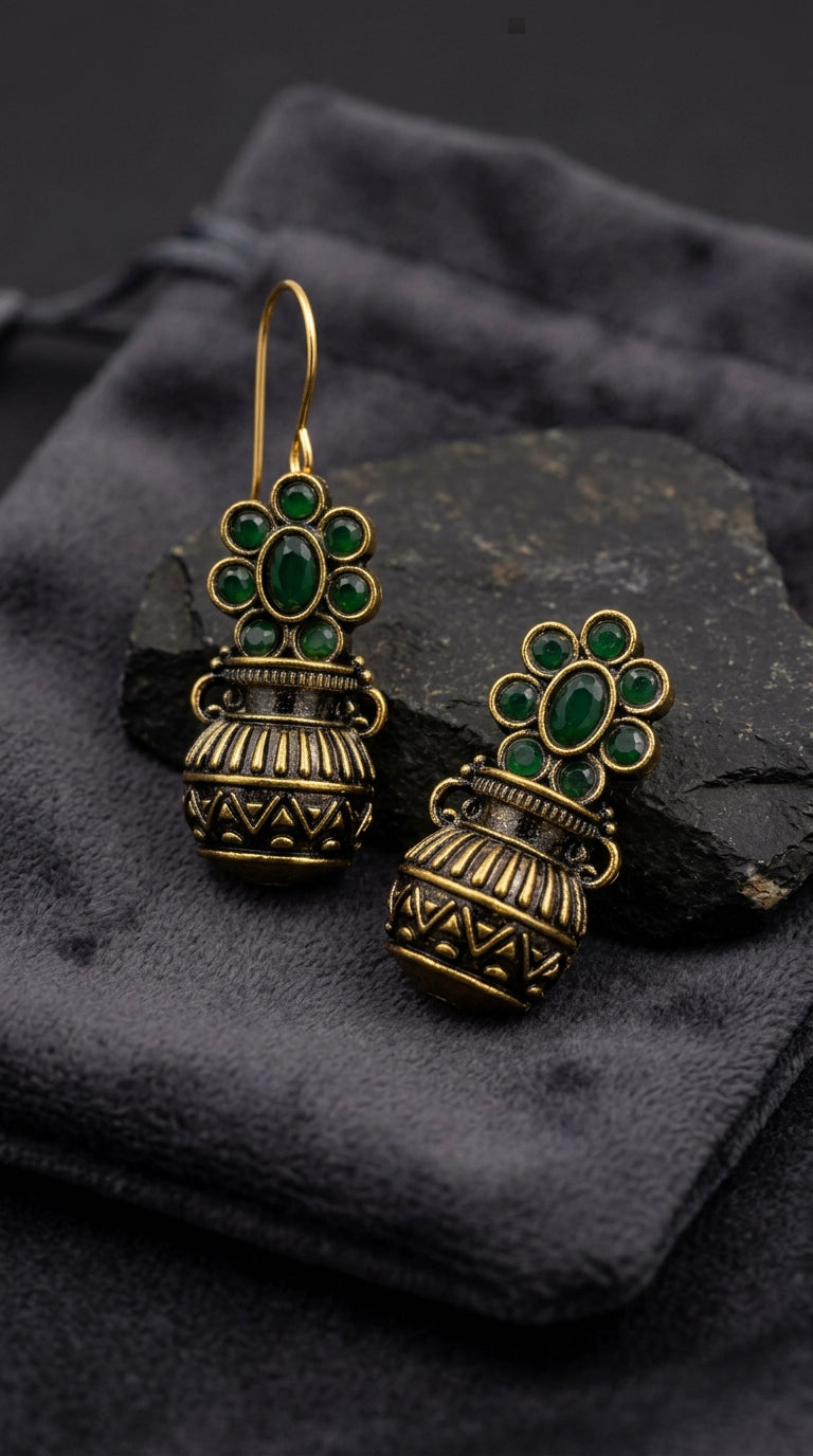 Green Antique Gold-Finish Jhumka Earrings with Floral Stud Pattern and Crystal Petal Detail