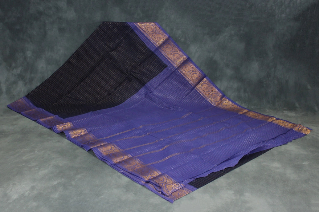 Pure Sungudi Cotton Checked Saree with Peacock Gold Zari Border - Deep Violet Saree JCS Fashions