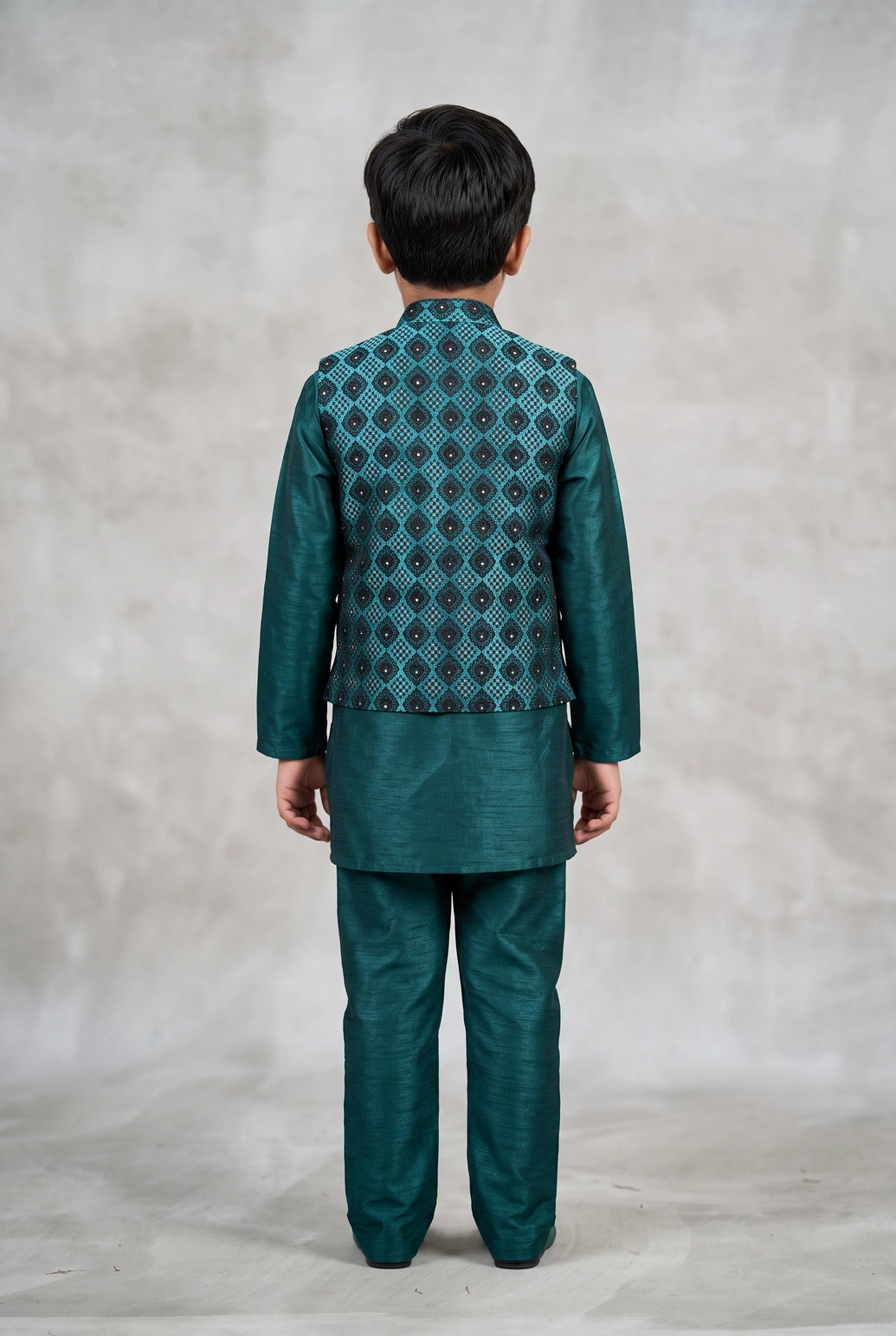 Boys Teal Green Koti Kurta Set with Printed Nehru Jacket, Full Sleeves and Matching Pants