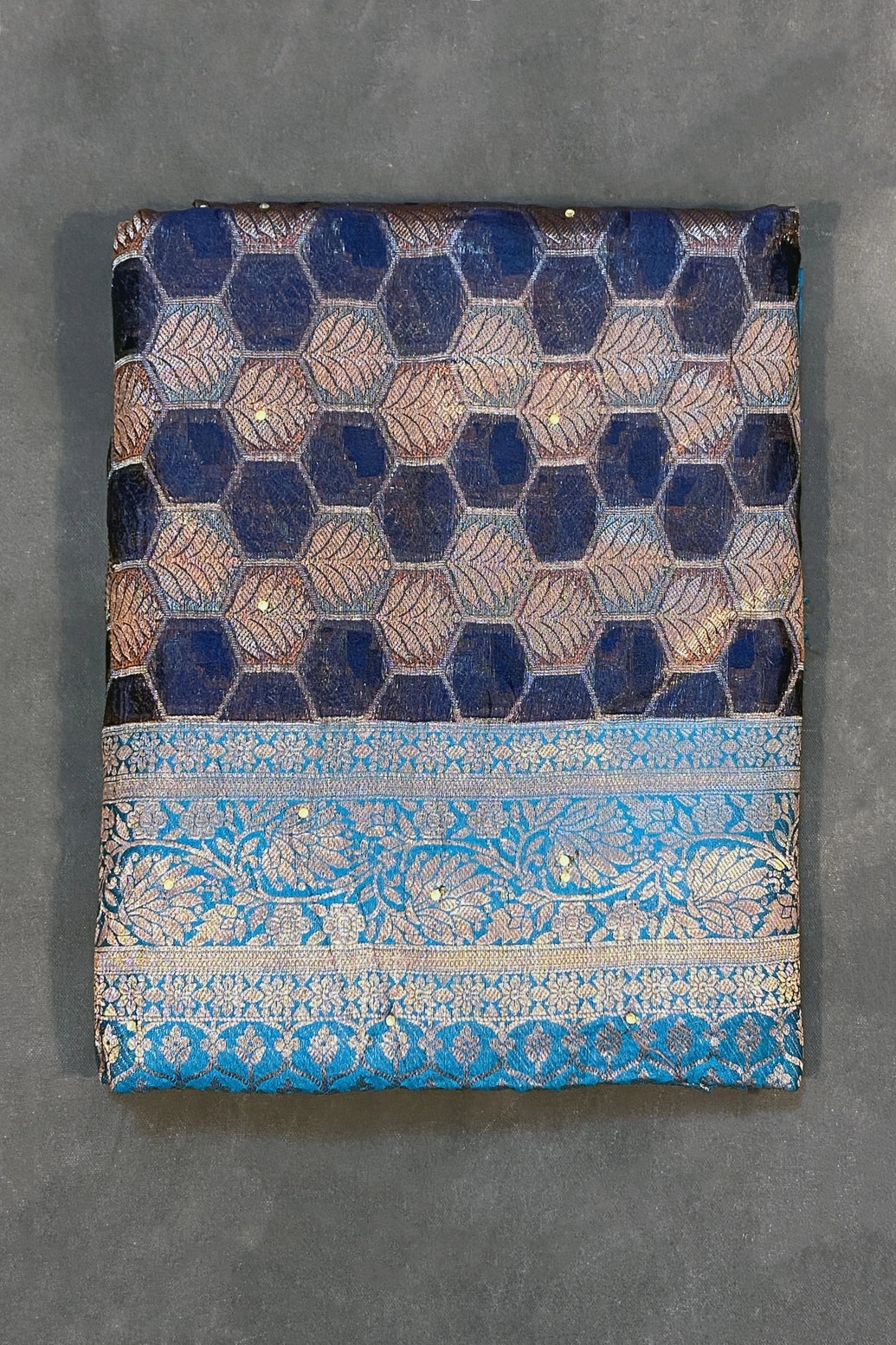 Madhumita Fancy Designer Cotton Organza Saree with Stone Work & Floral Pallu, Navy Blue