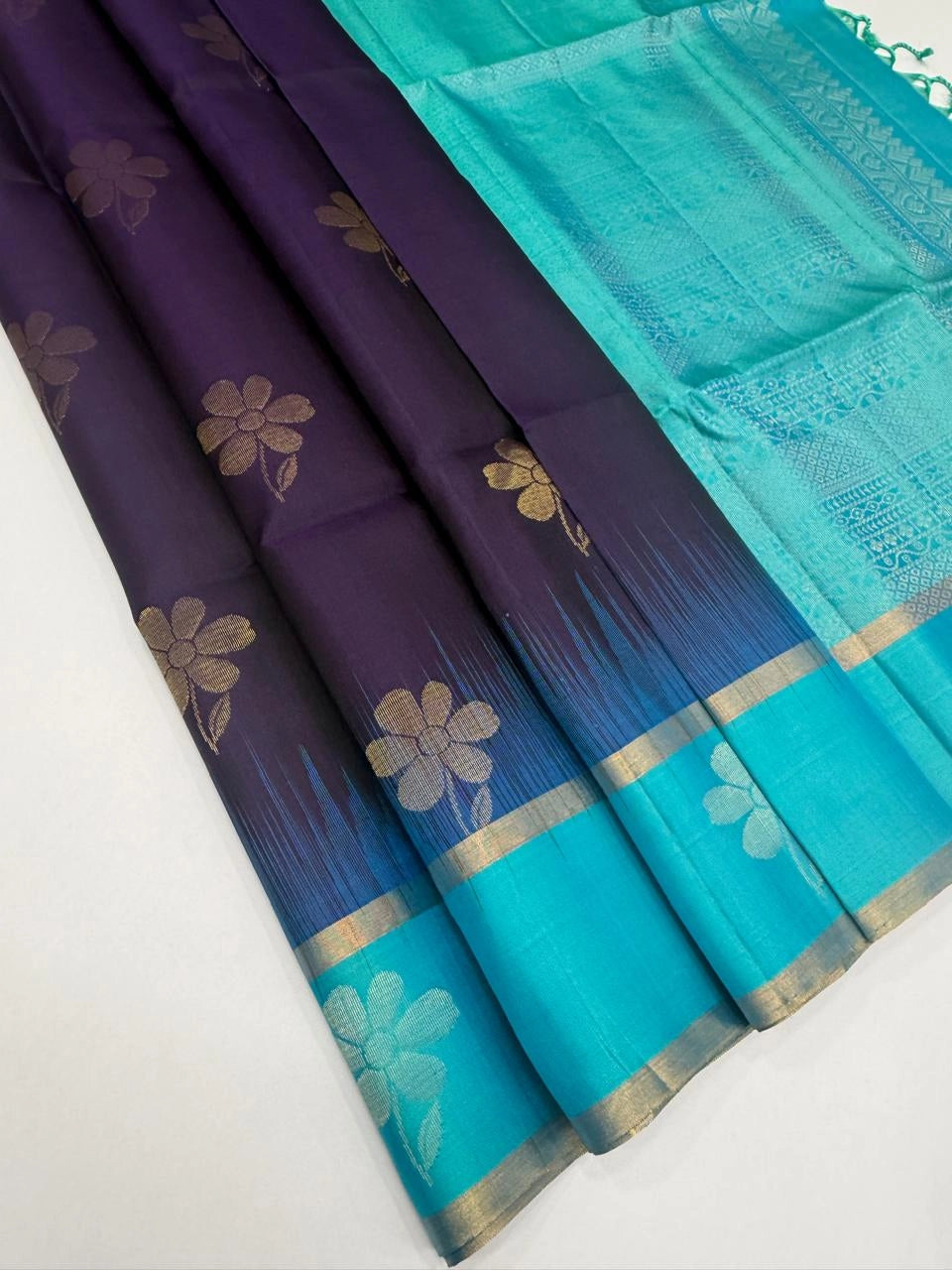 Blue & Green Soft Silk Saree with Contrast Border and Butti Design