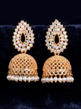 Rose Gold Jhumka Earrings with Multi-Color Stones and White Pearl Bead Drops for Traditional Wear
