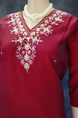Maroon Silk 3-Piece Salwar Suit - Aari, Mirror & Pearl Embroidery with Organza Printed Dupatta